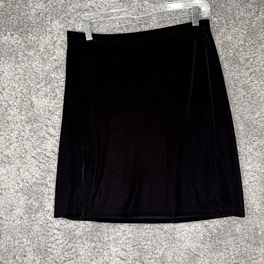 Vintage 90s Velvet Knee Length Skirt Leg Slit Pull On Elastic Waist Stretch